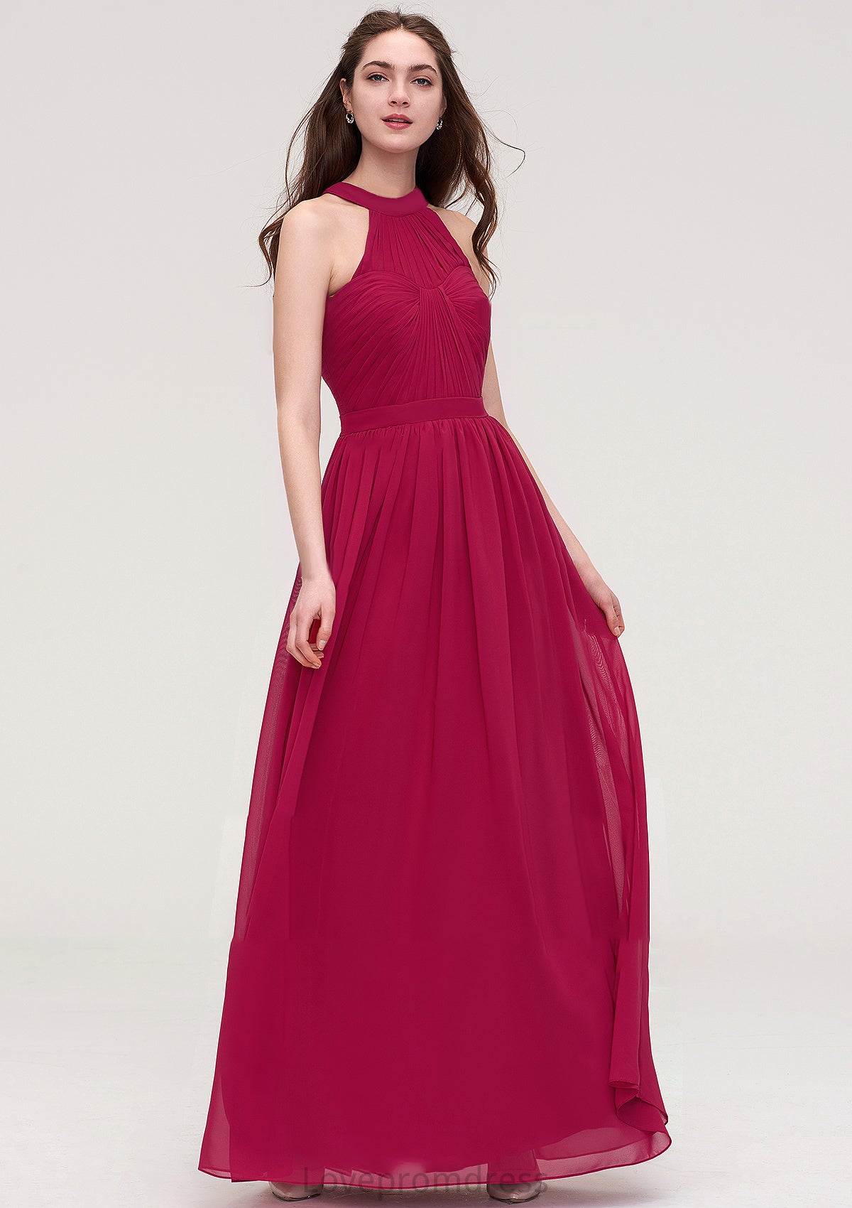 Halter Sleeveless Long/Floor-Length Chiffon A-line/Princess Bridesmaid Dresses With Pleated Aubrie DYP0025483