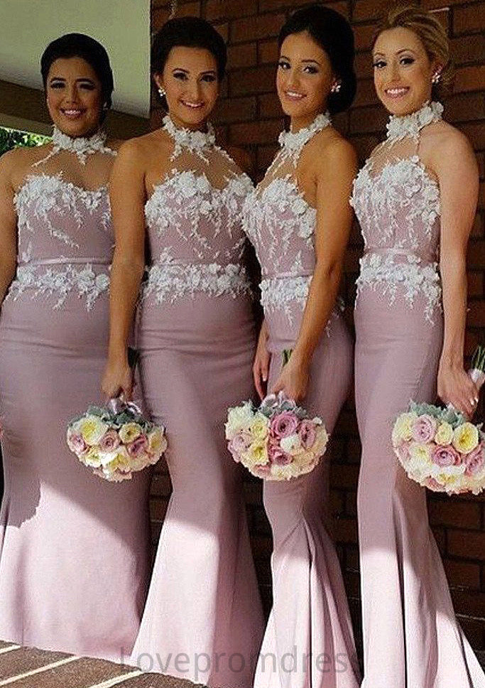 Halter Sleeveless Sweep Train Sheath/Column Satin Bridesmaid Dresses With Appliqued Kristina DYP0025515