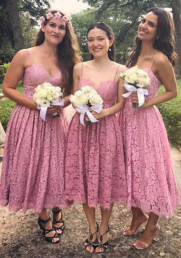 Sleeveless Sweetheart Tea-Length A-line/Princess Lace Bridesmaid Dresseses With Pleated Anaya DYP0025518