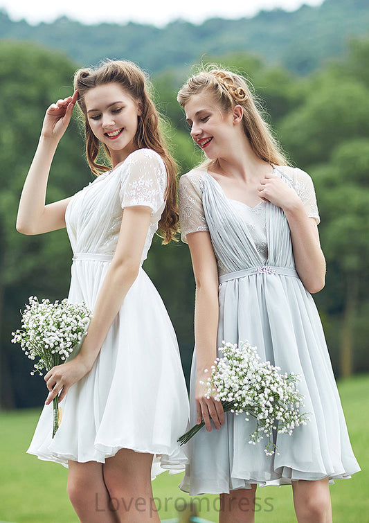 Short/Mini Scalloped Neck Short Sleeve Chiffon A-line/Princess Bridesmaid Dresseses With Lace Ginny DYP0025520