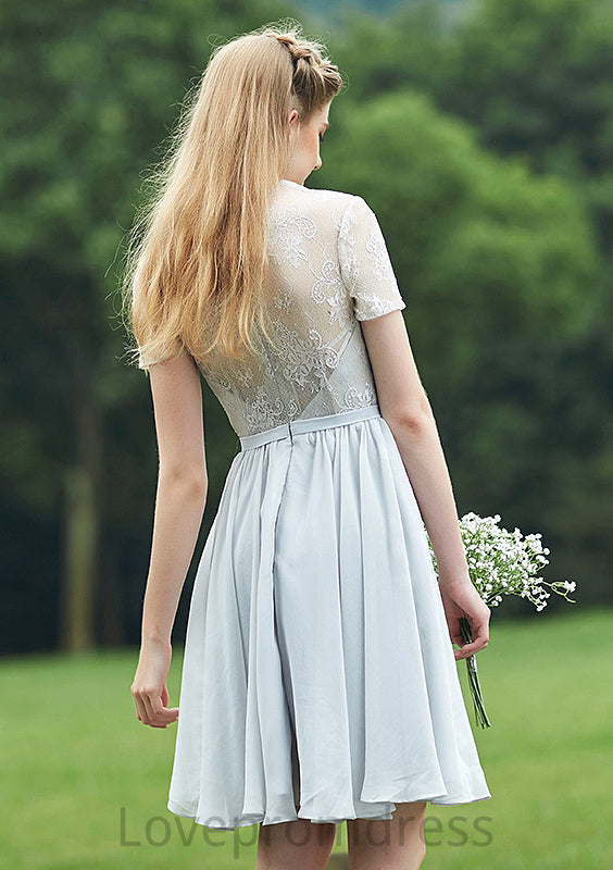 Short/Mini Scalloped Neck Short Sleeve Chiffon A-line/Princess Bridesmaid Dresseses With Lace Ginny DYP0025520