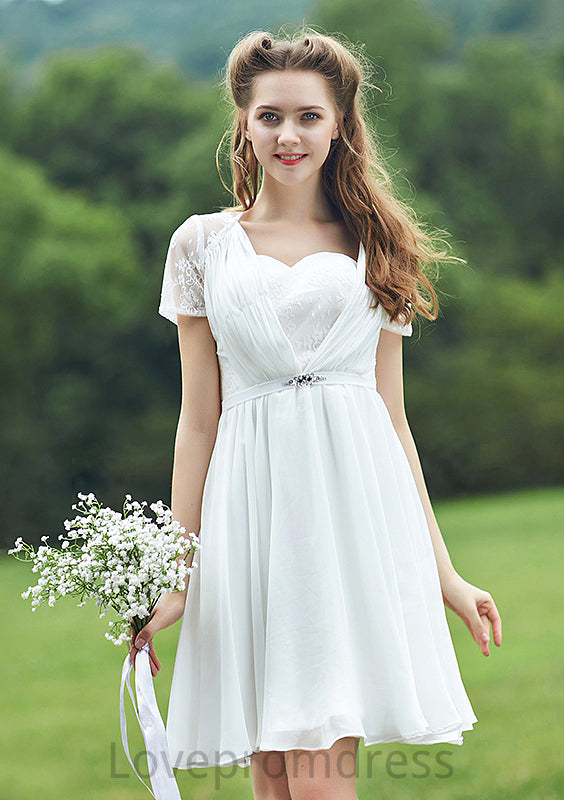 Short/Mini Scalloped Neck Short Sleeve Chiffon A-line/Princess Bridesmaid Dresseses With Lace Ginny DYP0025520