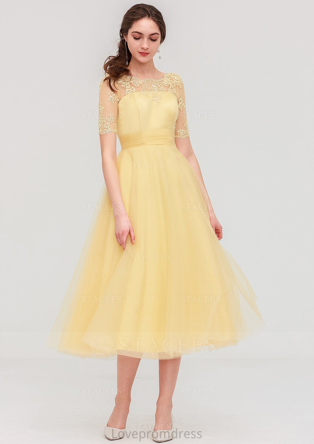 Bateau Short Sleeve A-line/Princess Tulle Tea-Length  Bridesmaid Dresses With Pleated Lace Winifred DYP0025522