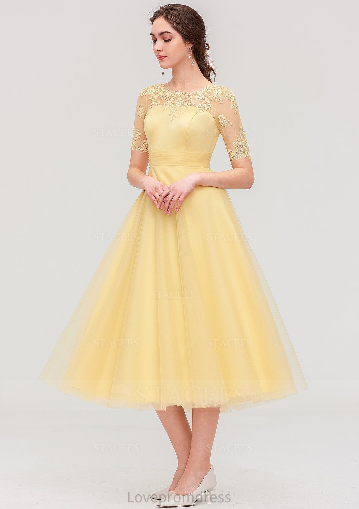 Bateau Short Sleeve A-line/Princess Tulle Tea-Length  Bridesmaid Dresses With Pleated Lace Winifred DYP0025522