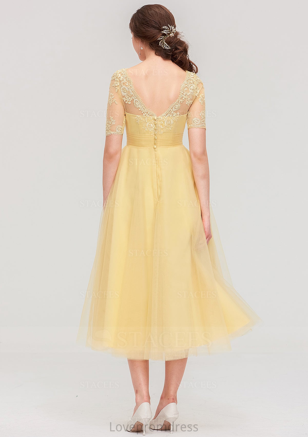 Bateau Short Sleeve A-line/Princess Tulle Tea-Length  Bridesmaid Dresses With Pleated Lace Winifred DYP0025522