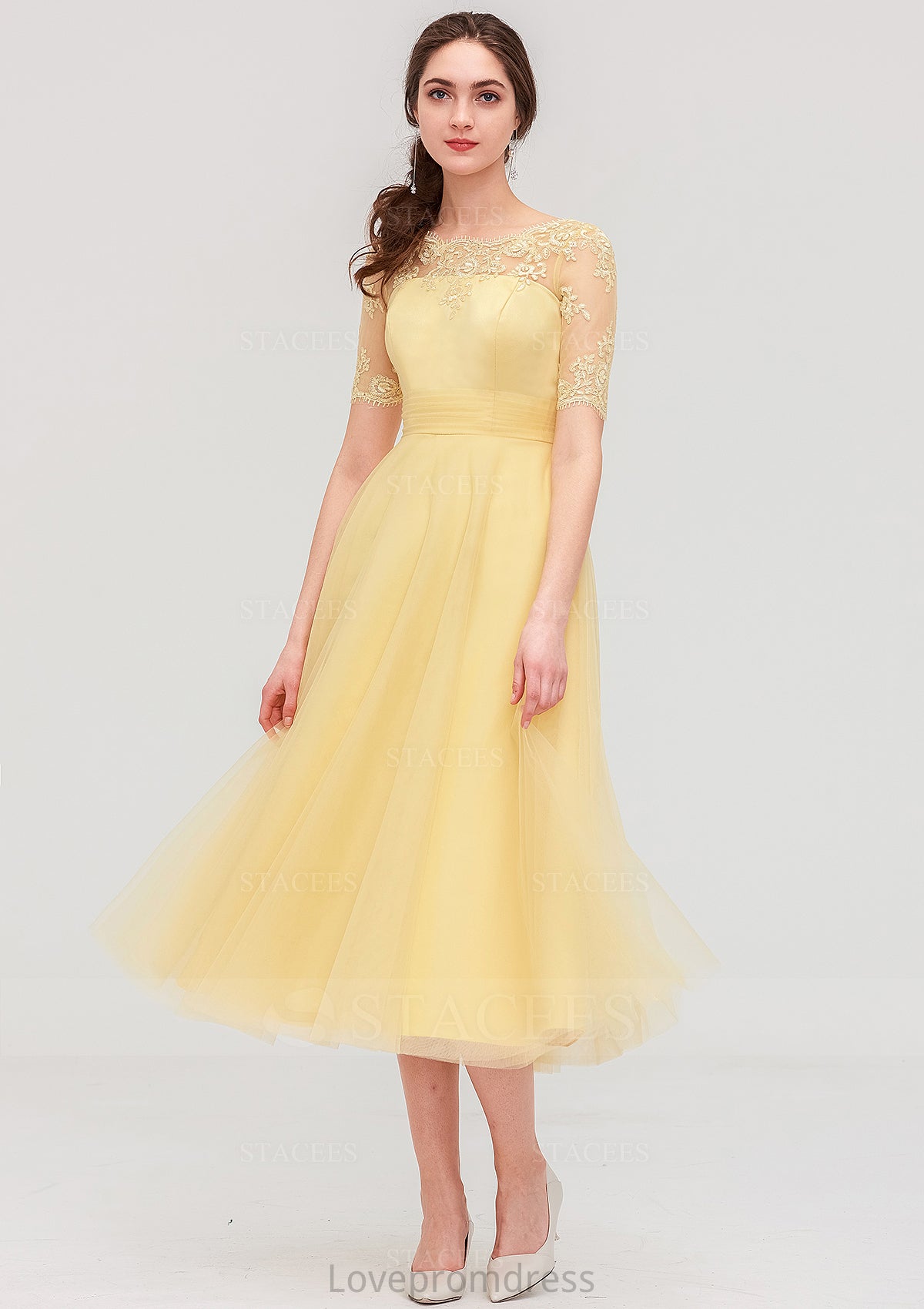 Bateau Short Sleeve A-line/Princess Tulle Tea-Length  Bridesmaid Dresses With Pleated Lace Winifred DYP0025522