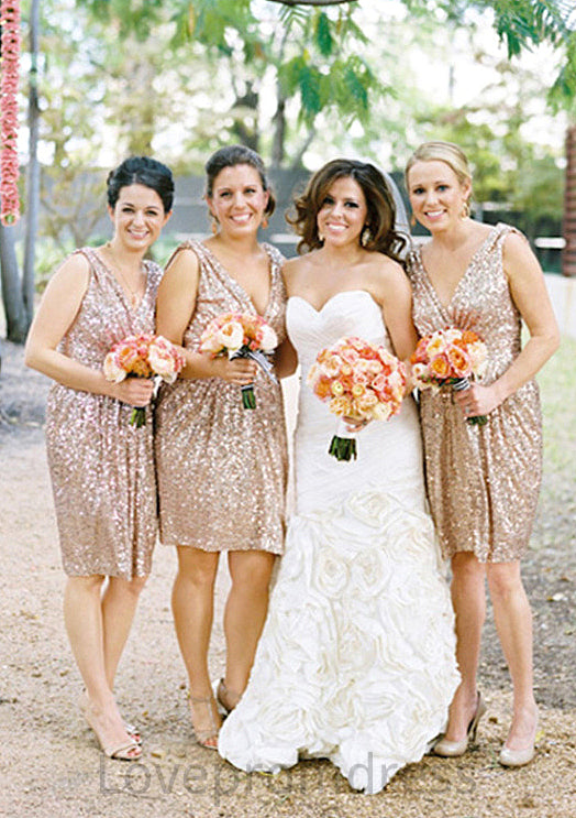 Sleeveless V Neck Knee-Length A-line/Princess Sequined Bridesmaid Dresses Johanna DYP0025527