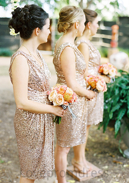 Sleeveless V Neck Knee-Length A-line/Princess Sequined Bridesmaid Dresses Johanna DYP0025527