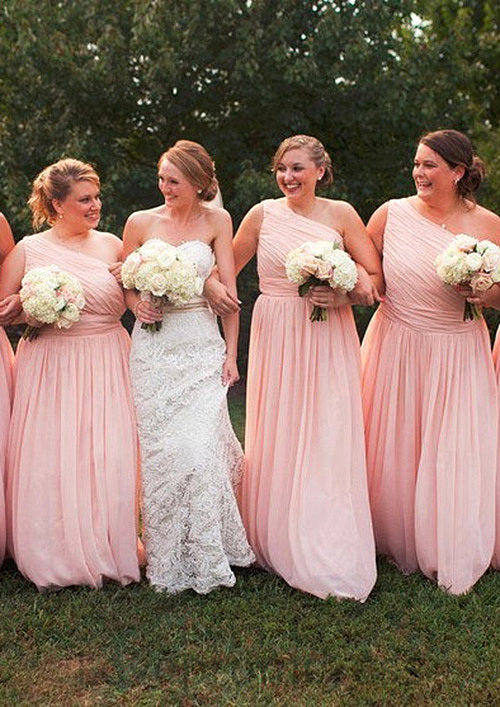 One-Shoulder A-Line/Princess Long/Floor-Length Chiffon Bridesmaid Dresses With Pleated Sabrina DYP0025529