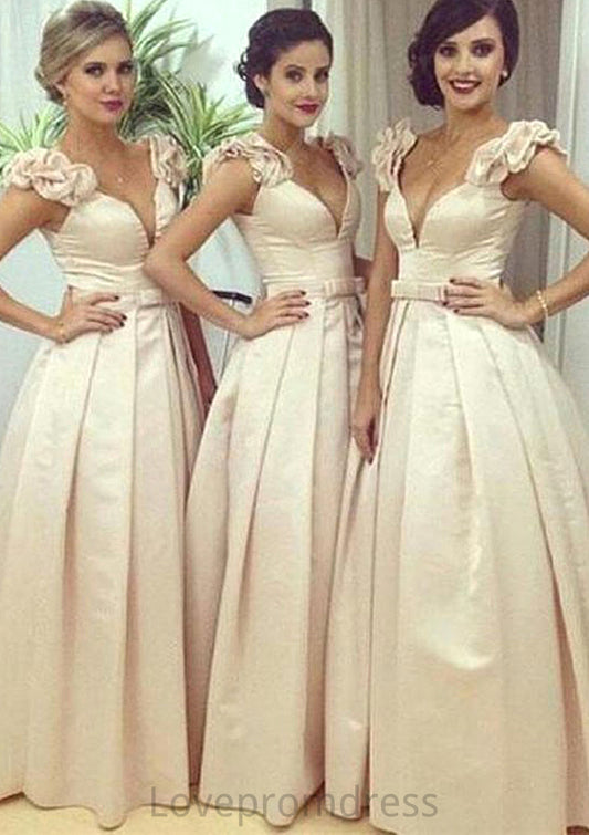 Sleeveless V Neck Long/Floor-Length A-line/Princess Satin Bridesmaid Dresseses With Pleated Waistband Silvia DYP0025536