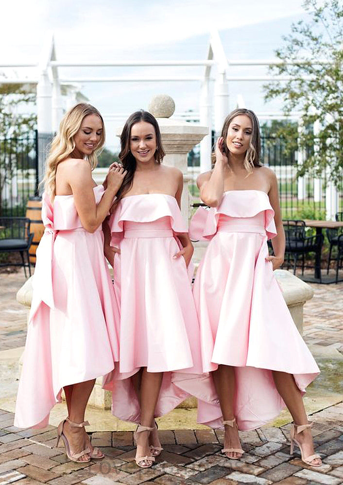 Sleeveless Strapless Asymmetrical A-line/Princess Satin Bridesmaid Dresseses With Bowknot Ruffles Angela DYP0025539