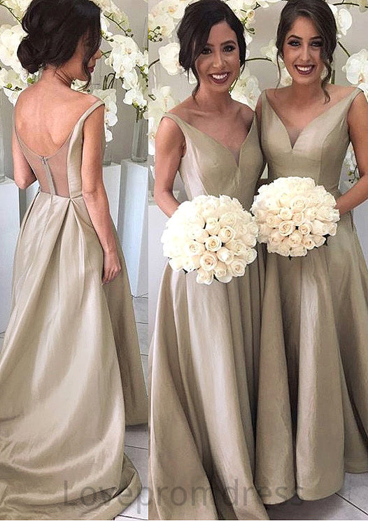 A-Line/Princess Sleeveless V-Neck Zipper Sweep Train Taffeta Bridesmaid Dresses Alejandra DYP0025548