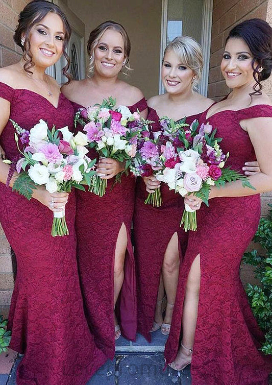 Sleeveless Off-the-Shoulder Long/Floor-Length Trumpet/Mermaid Lace Bridesmaid Dresseses With Split Lexie DYP0025562