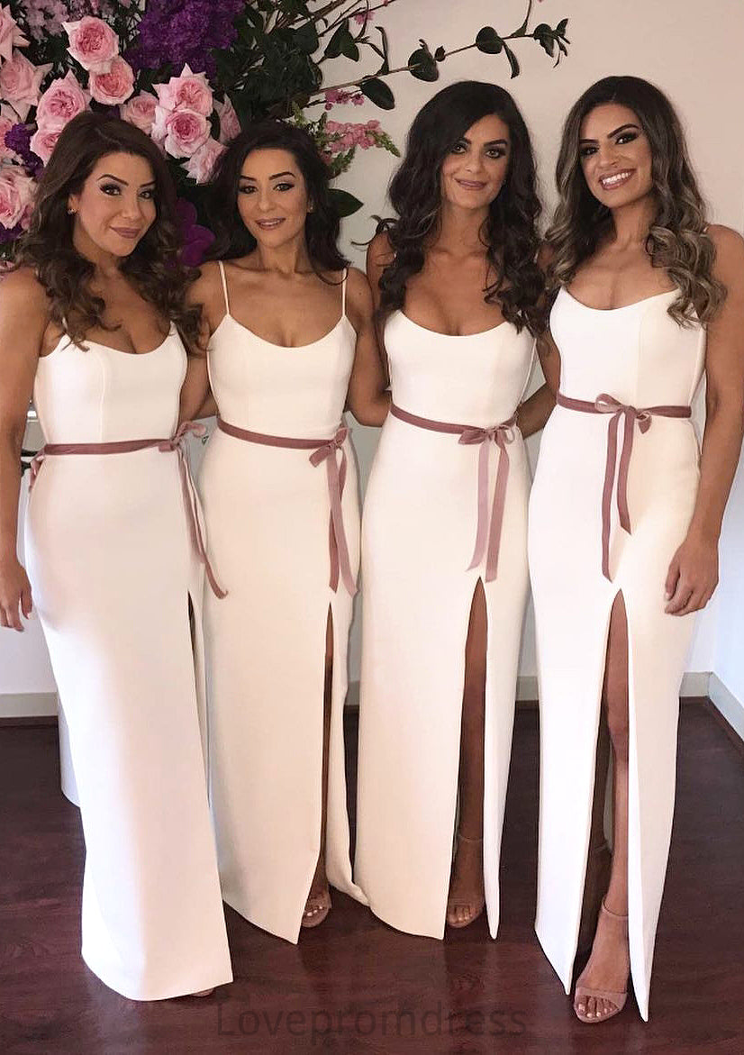 Sleeveless Scoop Neck Long/Floor-Length Sheath/Column Elastic Satin Bridesmaid Dresseses With Sashes Split Hadassah DYP0025575