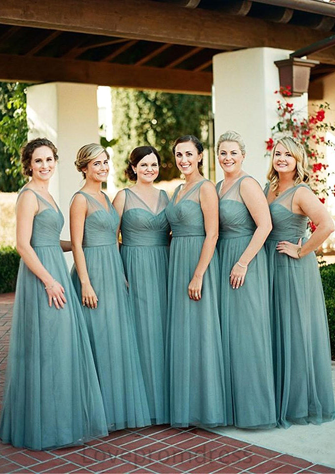 Sleeveless V Neck Tulle Long/Floor-Length A-line/Princess Bridesmaid Dresseses With Pleated Greta DYP0025578