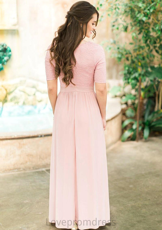 Scoop Neck Short Sleeve Ankle-Length A-line/Princess Chiffon Bridesmaid Dresses With Lace Pleated Kayla DYP0025580