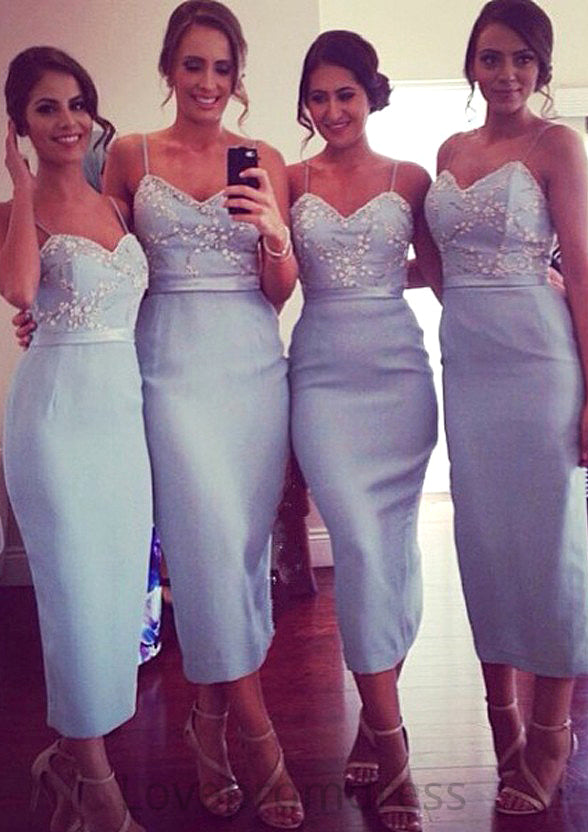 Sleeveless V Neck Tea-Length Sheath/Column Elastic Satin Bridesmaid Dresseses With Appliqued Olga DYP0025581