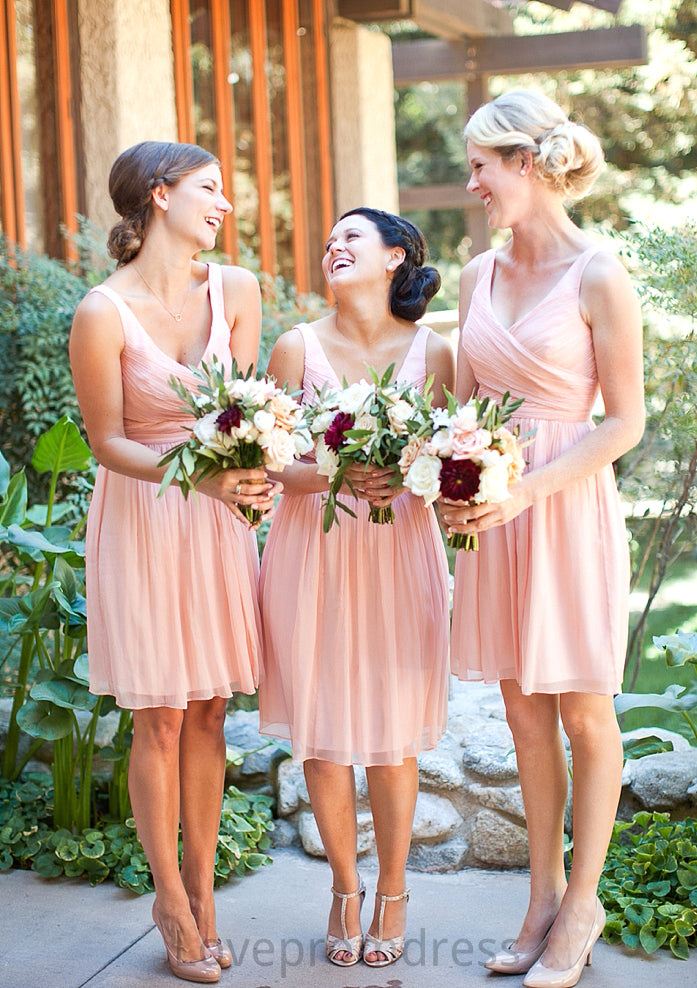 Sleeveless V Neck Short/Mini Chiffon A-line/Princess Bridesmaid Dresseses With Pleated Polly DYP0025585