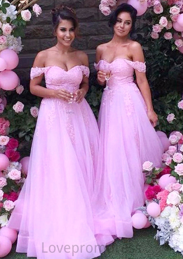 Sleeveless Off-the-Shoulder Long/Floor-Length Tulle A-line/Princess Bridesmaid Dresseses With Lace Julie DYP0025589