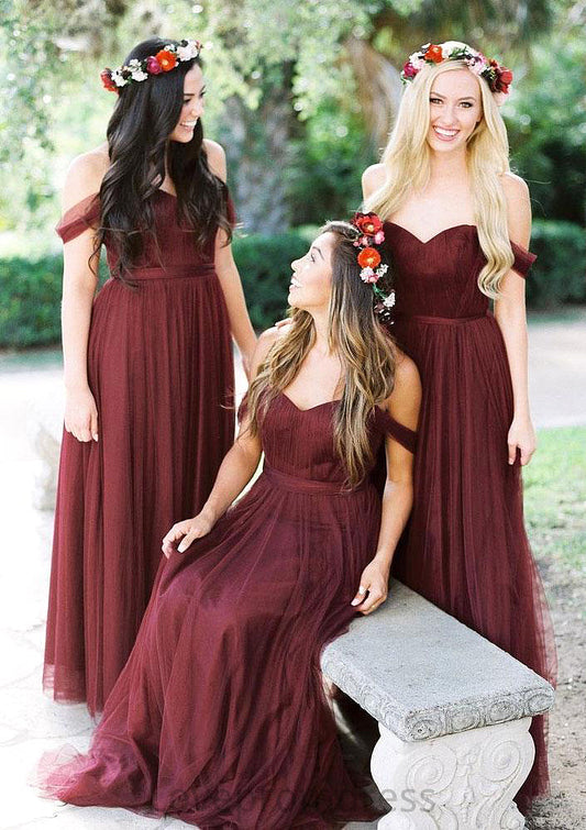 Sleeveless Off-the-Shoulder Long/Floor-Length Tulle A-line/Princess Bridesmaid Dresseses With Pleated Reina DYP0025591