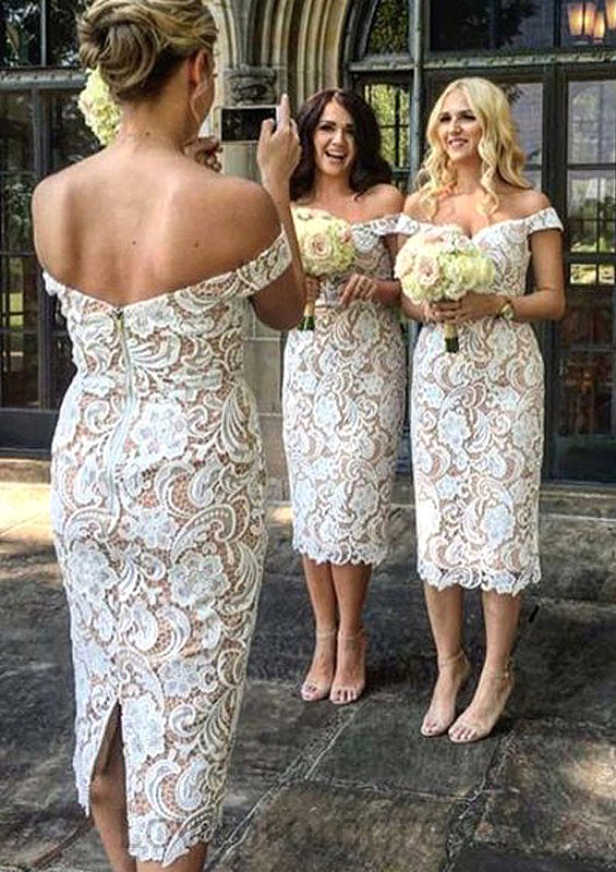 Sheath/Column Off-the-Shoulder Tea-Length Sheath/Column Lace Bridesmaid Dresseses With Split Diana DYP0025601