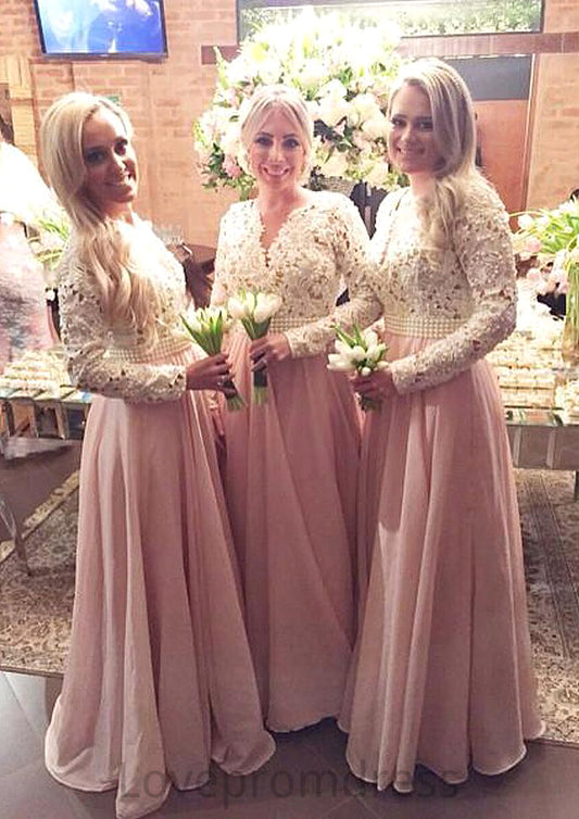 Full/Long Sleeve Scalloped Neck A-line/Princess Chiffon Long/Floor-Length Bridesmaid Dresseses With Beading Lace Athena DYP0025602