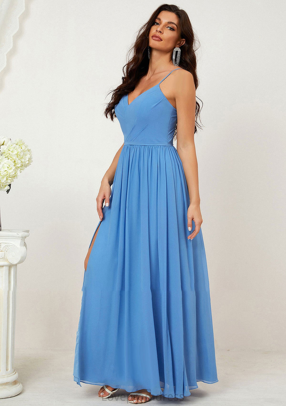 A-line V Neck Sleeveless Chiffon Long/Floor-Length Bridesmaid Dresses With Pleated Split Madalyn DYP0025609