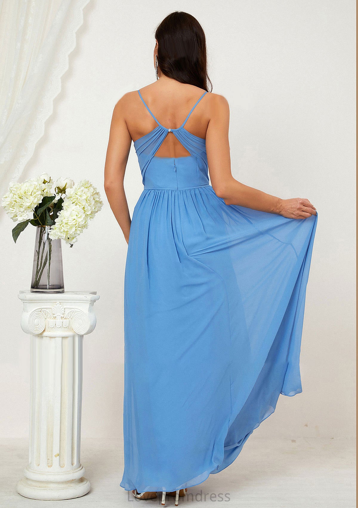 A-line V Neck Sleeveless Chiffon Long/Floor-Length Bridesmaid Dresses With Pleated Split Madalyn DYP0025609