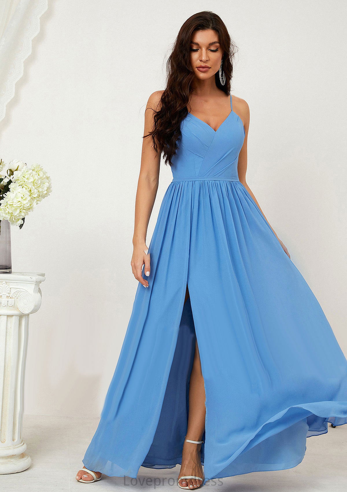 A-line V Neck Sleeveless Chiffon Long/Floor-Length Bridesmaid Dresses With Pleated Split Madalyn DYP0025609