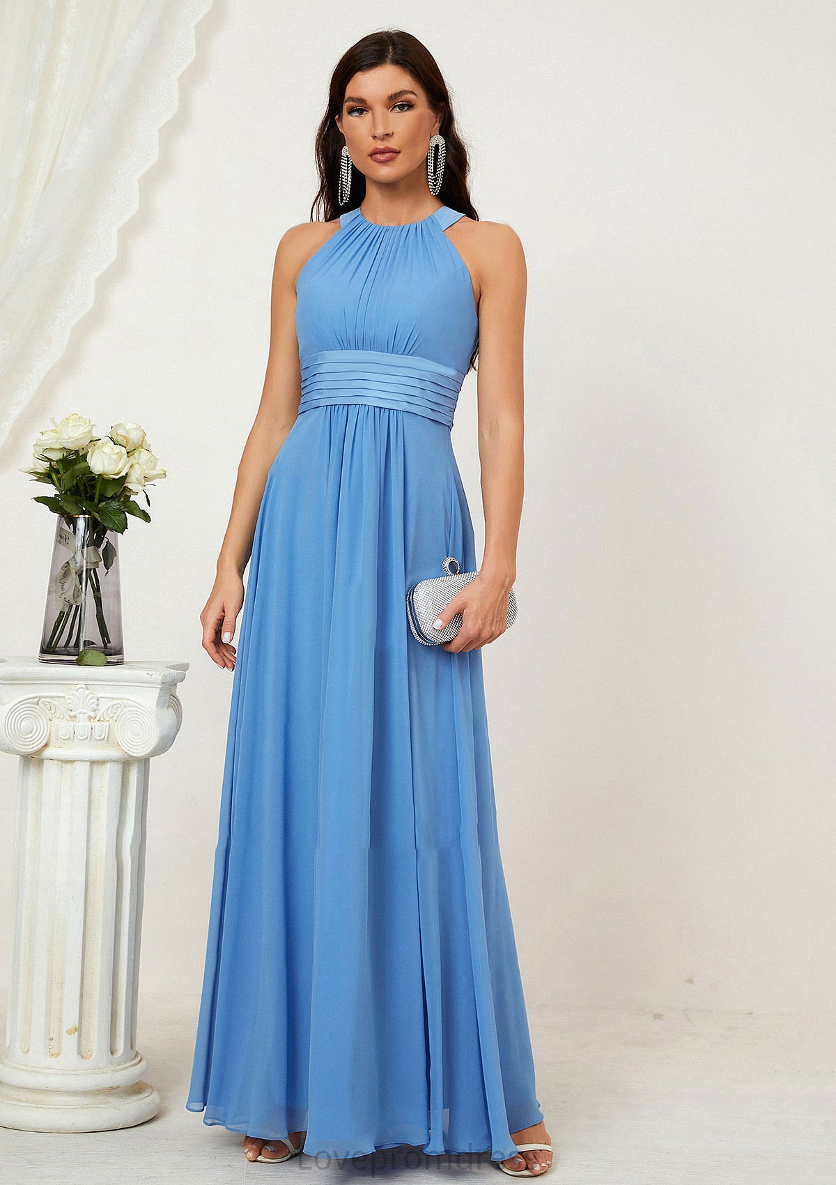 A-line Halter Sleeveless Chiffon Long/Floor-Length Bridesmaid Dresses With Pleated Jimena DYP0025610