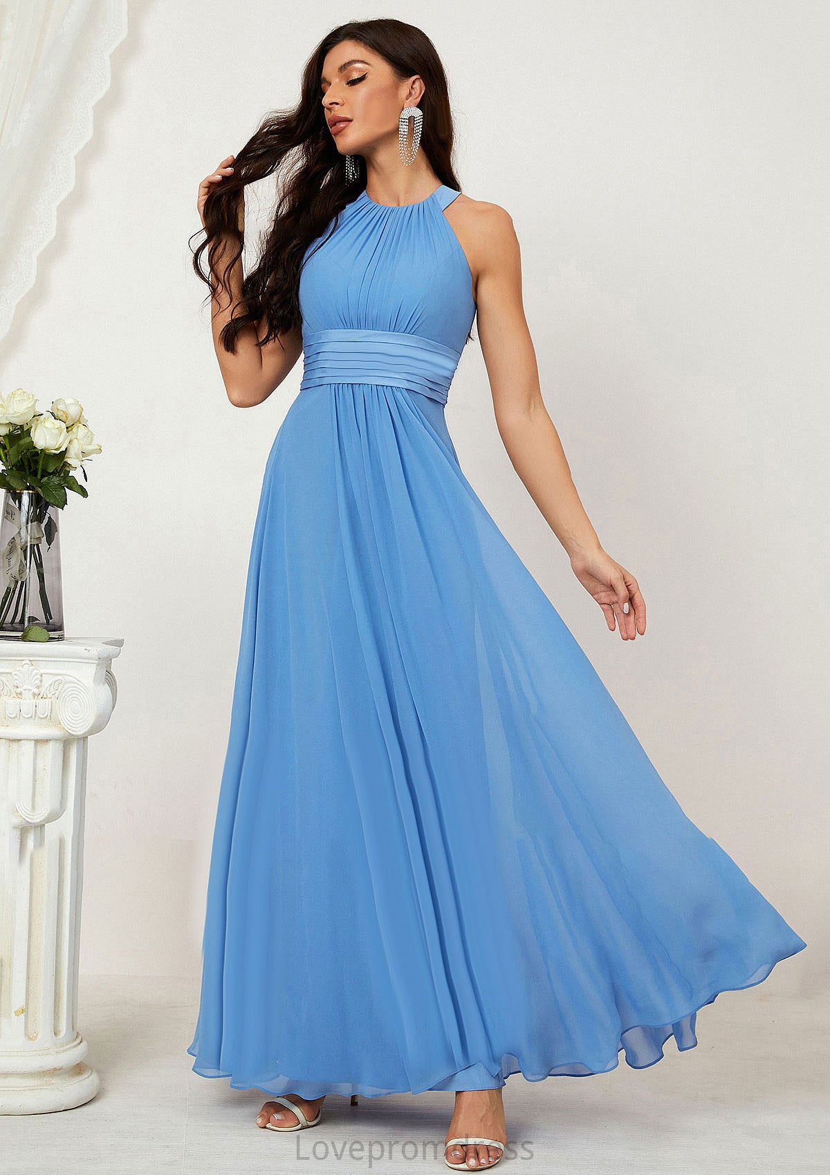 A-line Halter Sleeveless Chiffon Long/Floor-Length Bridesmaid Dresses With Pleated Jimena DYP0025610