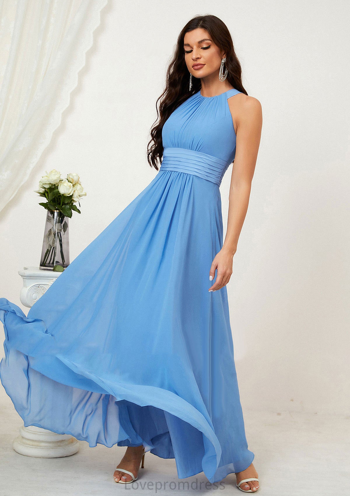 A-line Halter Sleeveless Chiffon Long/Floor-Length Bridesmaid Dresses With Pleated Jimena DYP0025610