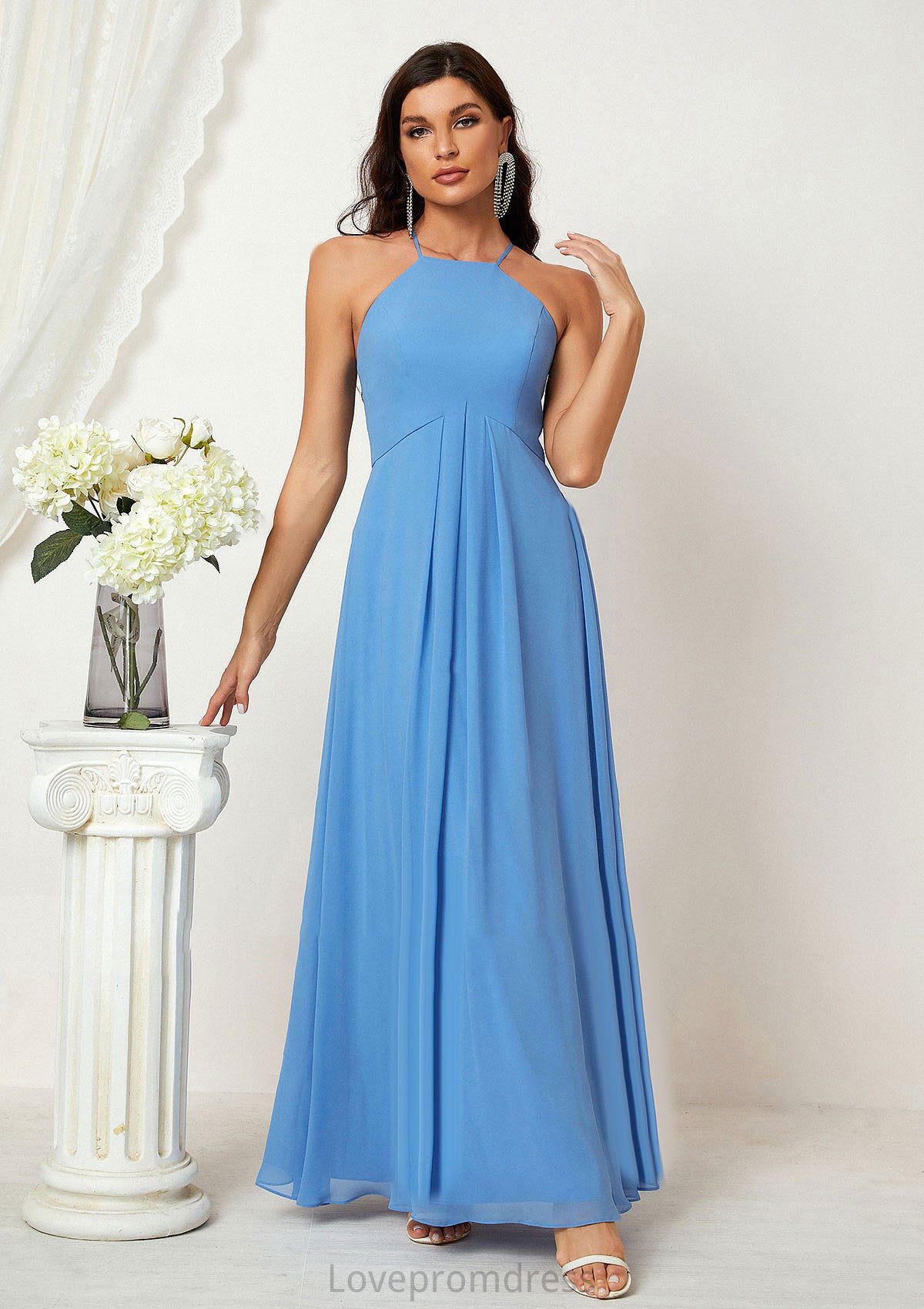 A-line Empire Halter Sleeveless Chiffon Long/Floor-Length Bridesmaid Dresses With Ruffles Rayne DYP0025611