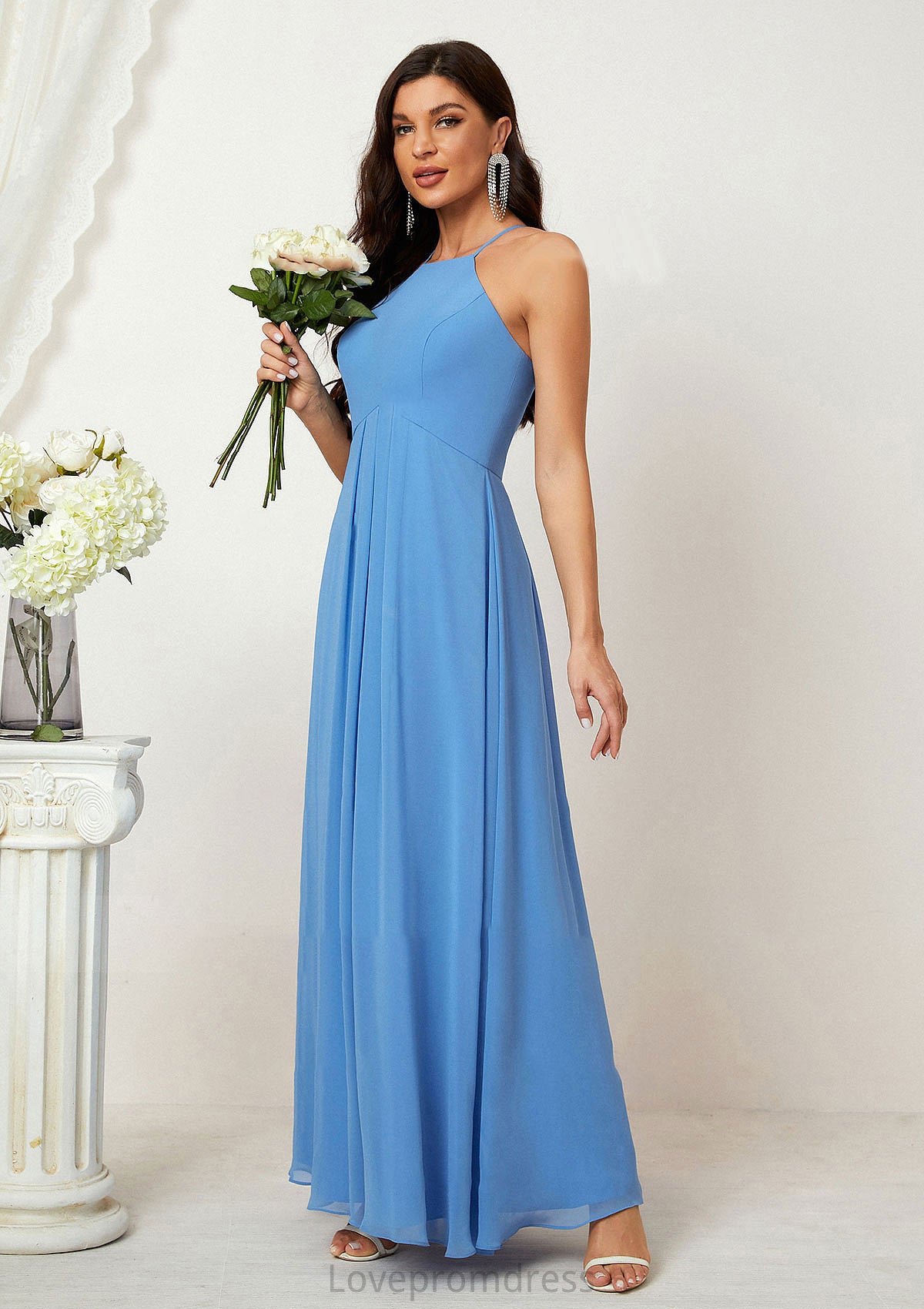 A-line Empire Halter Sleeveless Chiffon Long/Floor-Length Bridesmaid Dresses With Ruffles Rayne DYP0025611