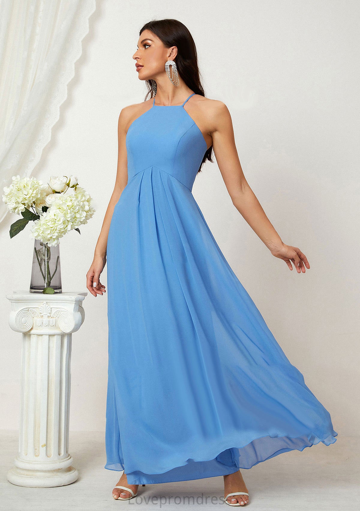 A-line Empire Halter Sleeveless Chiffon Long/Floor-Length Bridesmaid Dresses With Ruffles Rayne DYP0025611