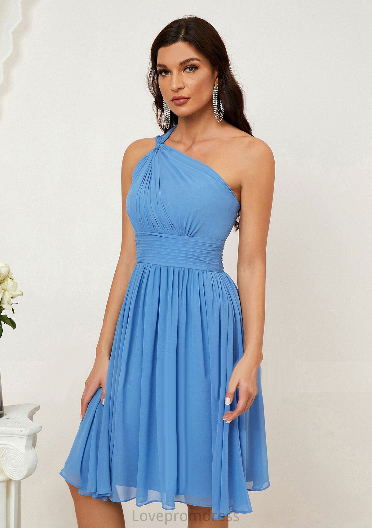 A-line One-Shoulder Sleeveless Chiffon Knee-Length Bridesmaid Dresses With Pleated Donna DYP0025612