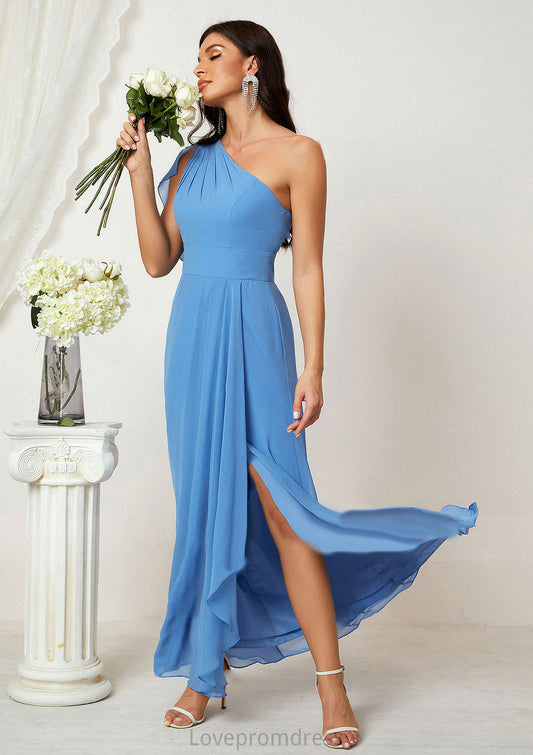 A-line One-Shoulder Sleeveless Chiffon Long/Floor-Length Bridesmaid Dresses With Pleated Split Mallory DYP0025613