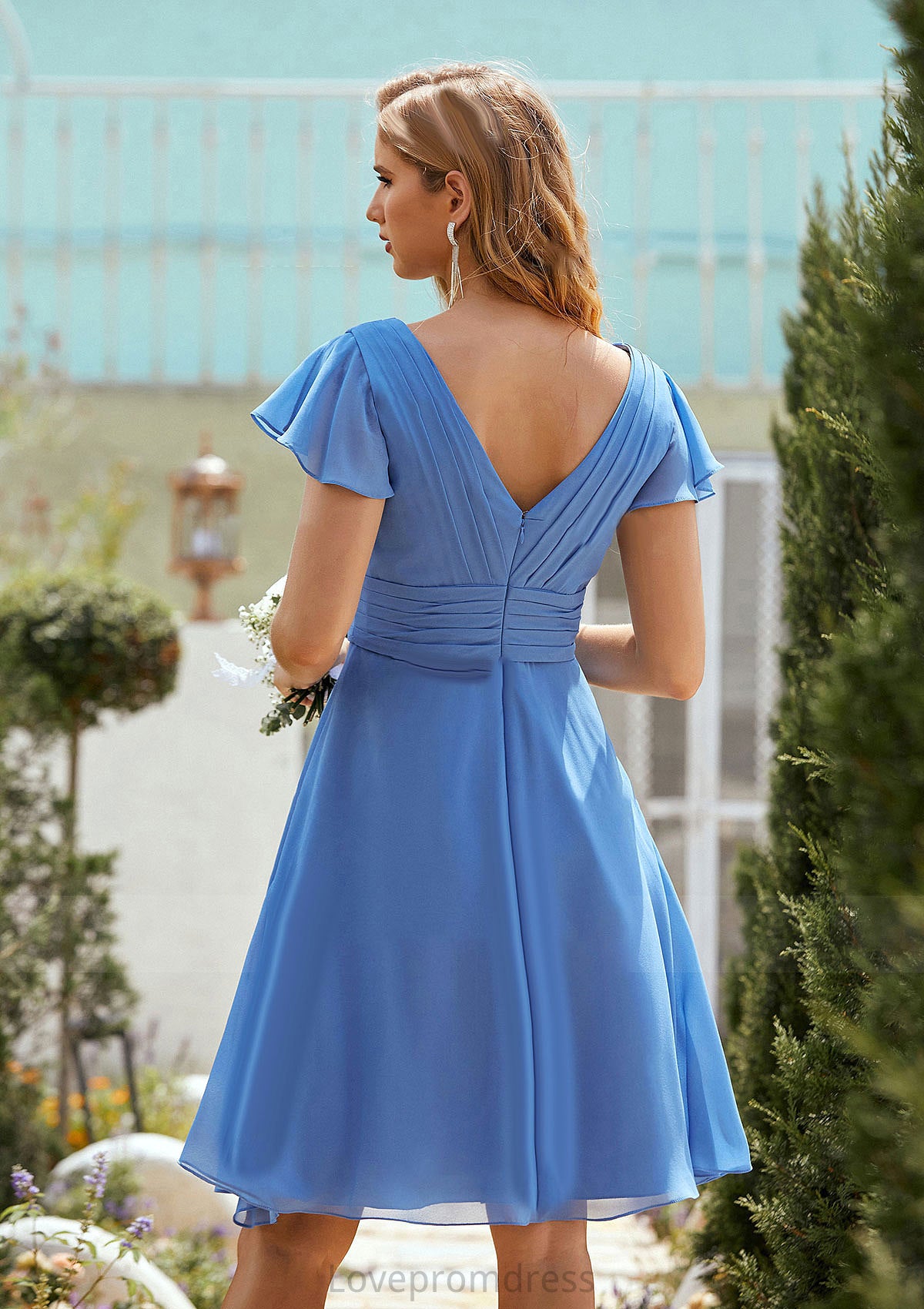 A-line V Neck Short Sleeve Chiffon Short/Mini Bridesmaid Dresses With Pleated Aniyah DYP0025614