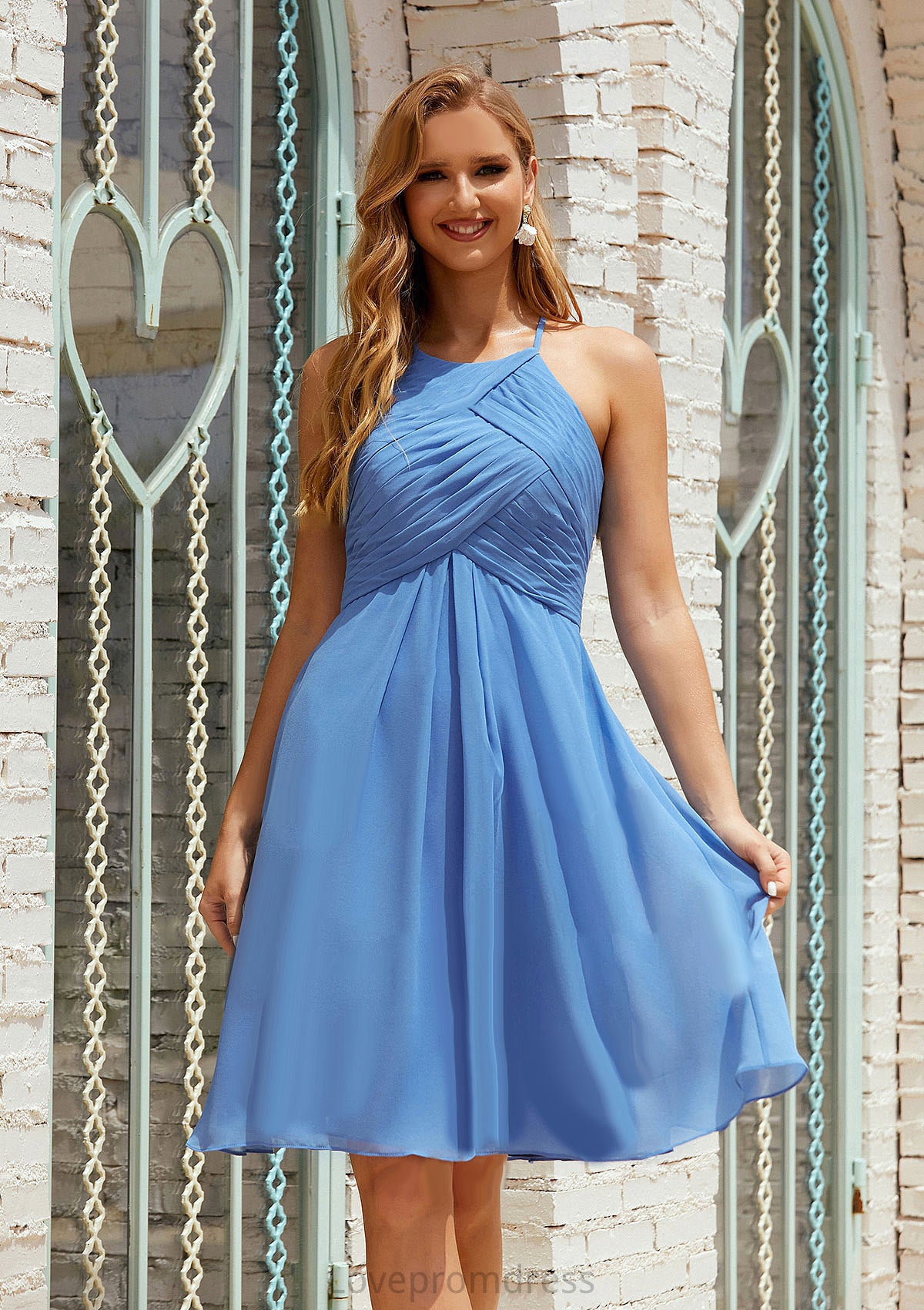 Empire A-line Halter Chiffon Short/Mini Bridesmaid Dresses With Pleated Abril DYP0025615