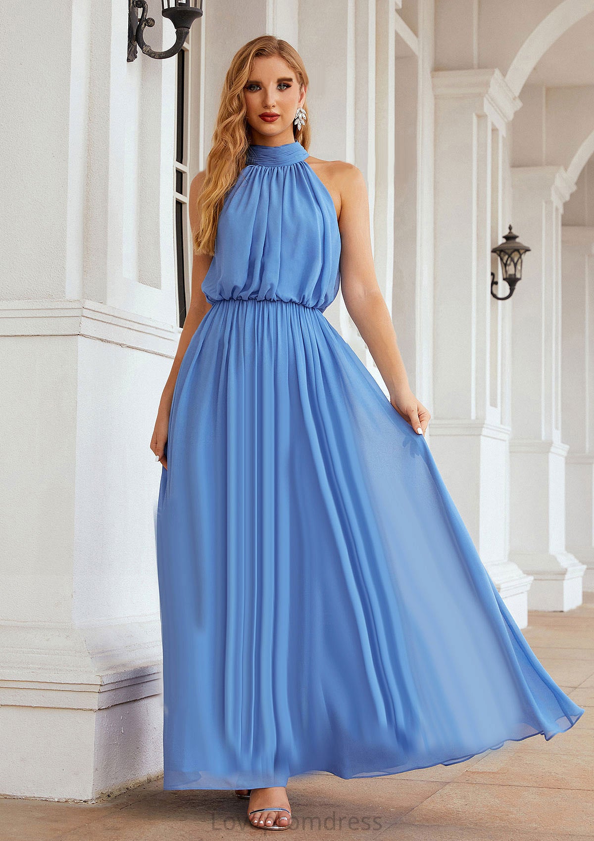 A-line Empire High-Neck Sleeveless Chiffon Long/Floor-Length Bridesmaid Dresses With Pleated Payten DYP0025619