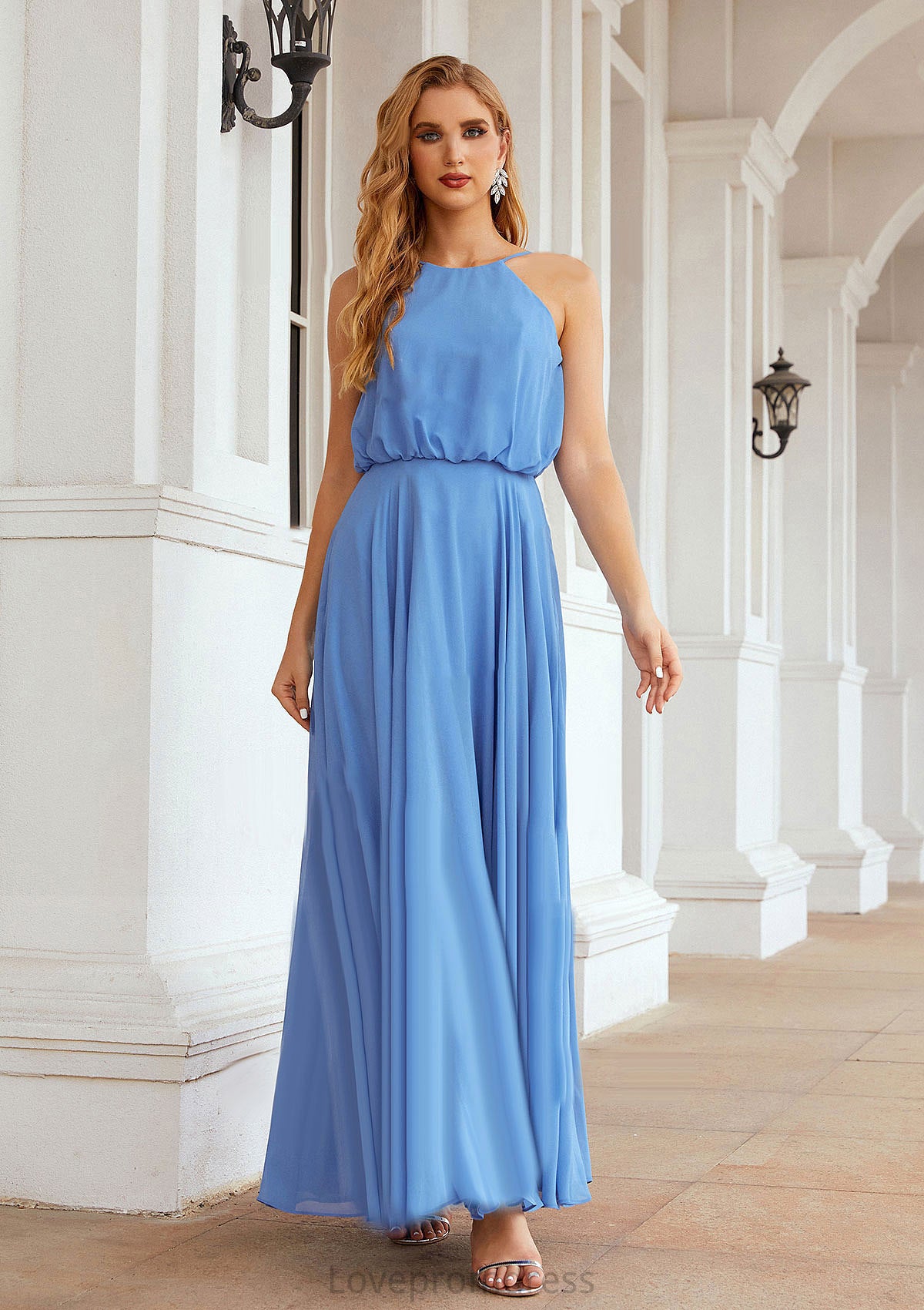 A-line Halter Sleeveless Chiffon Long/Floor-Length Bridesmaid Dresses With Pleated Lucinda DYP0025621