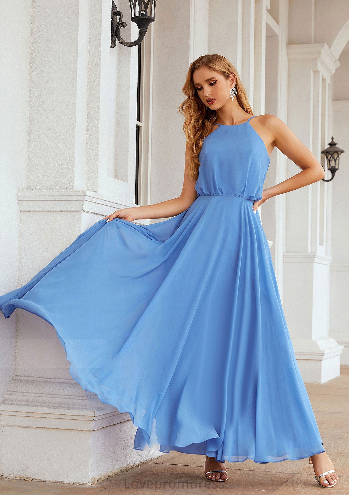 A-line Halter Sleeveless Chiffon Long/Floor-Length Bridesmaid Dresses With Pleated Lucinda DYP0025621