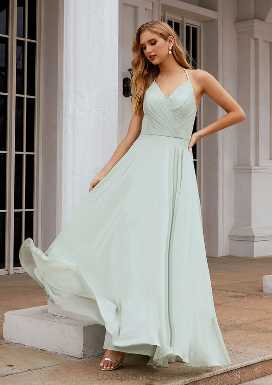 A-line Halter Sleeveless Chiffon Long/Floor-Length Bridesmaid Dresses With Pleated Ruffles Natalee DYP0025623