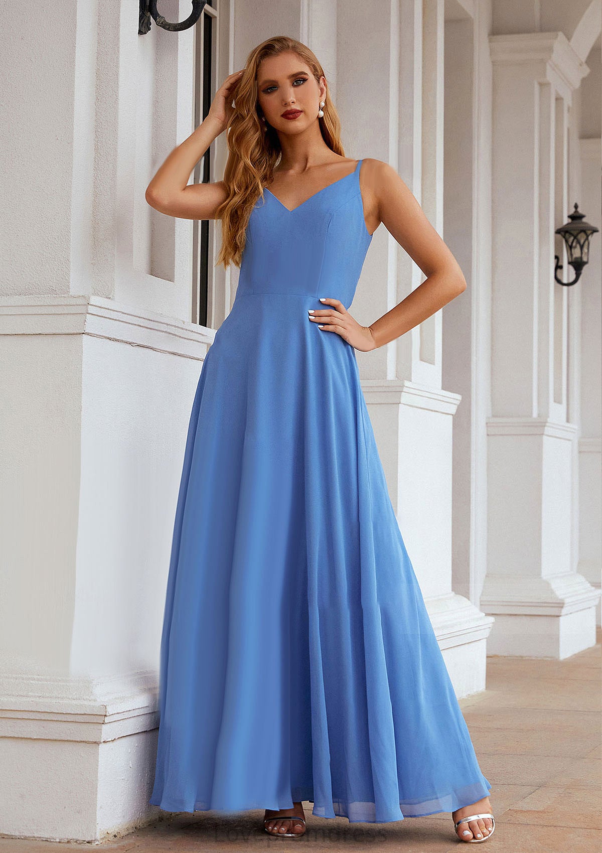 A-line Empire V Neck Long/Floor-Length Chiffon Bridesmaid Dresses With Pleated Bianca DYP0025624