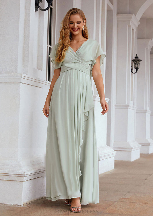 A-line V Neck Short Sleeve Chiffon Long/Floor-Length Bridesmaid Dresses With Pleated Ruffles Cheyanne DYP0025626