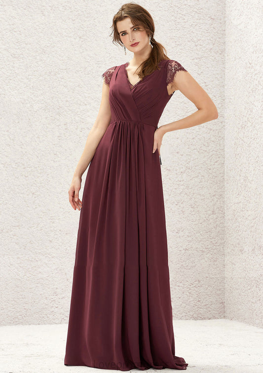 A-line V Neck Sleeveless Chiffon Long/Floor-Length Bridesmaid Dresses With Pleated Lace Jean DYP0025627