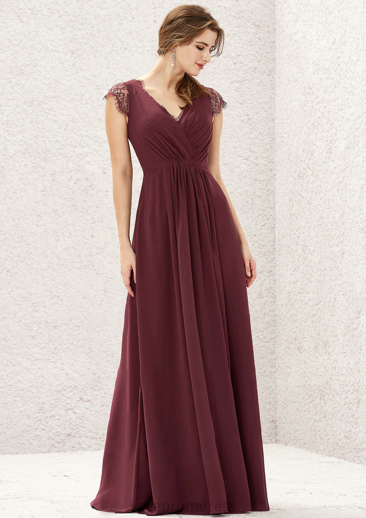 A-line V Neck Sleeveless Chiffon Long/Floor-Length Bridesmaid Dresses With Pleated Lace Jean DYP0025627