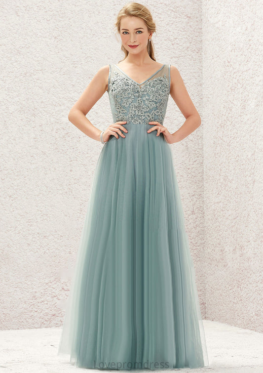 A-line V Neck Sleeveless Tulle Long/Floor-Length Bridesmaid Dresses With Lace Alissa DYP0025628