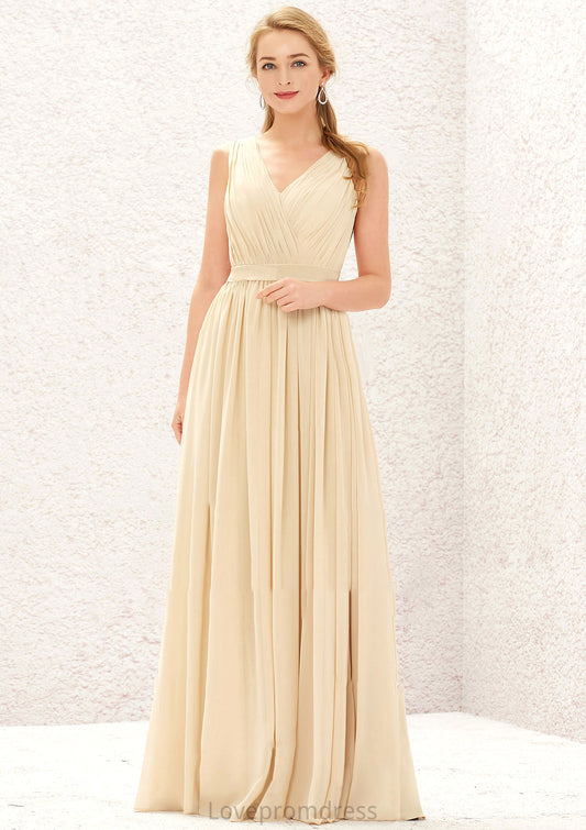 A-line V Neck Sleeveless Chiffon Long/Floor-Length Bridesmaid Dresses With Appliqued Sashes Pleated Kassidy DYP0025630