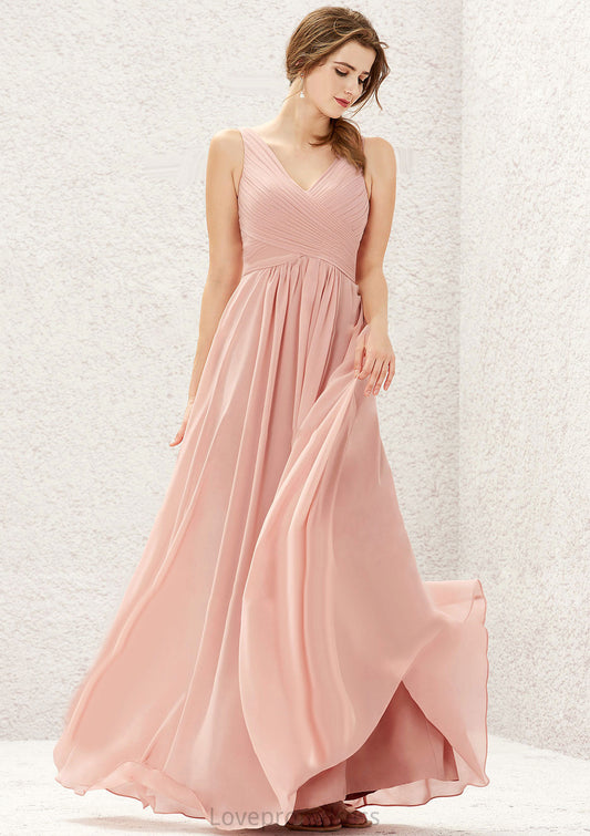 A-line V Neck Sleeveless Chiffon Long/Floor-Length Bridesmaid Dresses With Pleated Gretchen DYP0025632